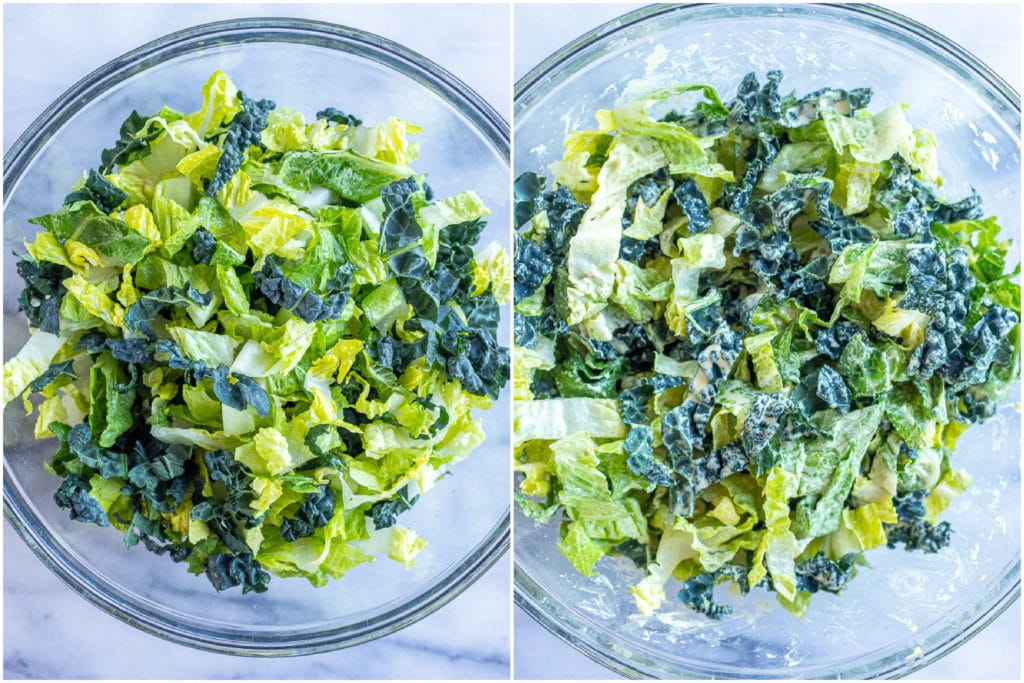 romaine lettuce and kale chopped up in a bowl with vegan caesar dressing mixed in