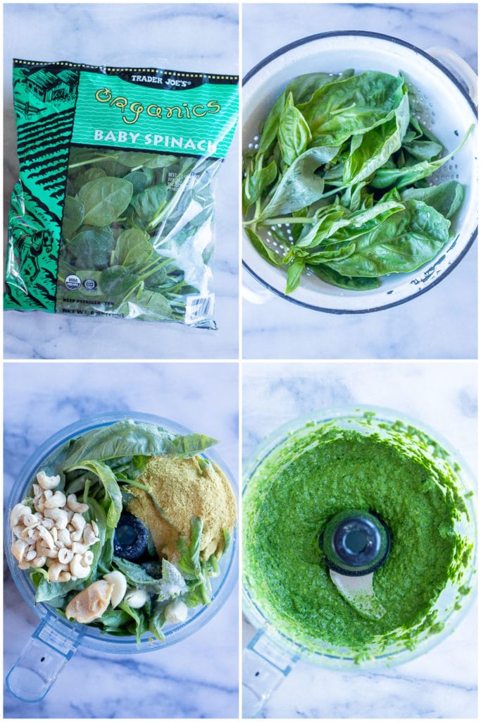step by step photos showing how to make the best vegan pesto using spinach and fresh basil