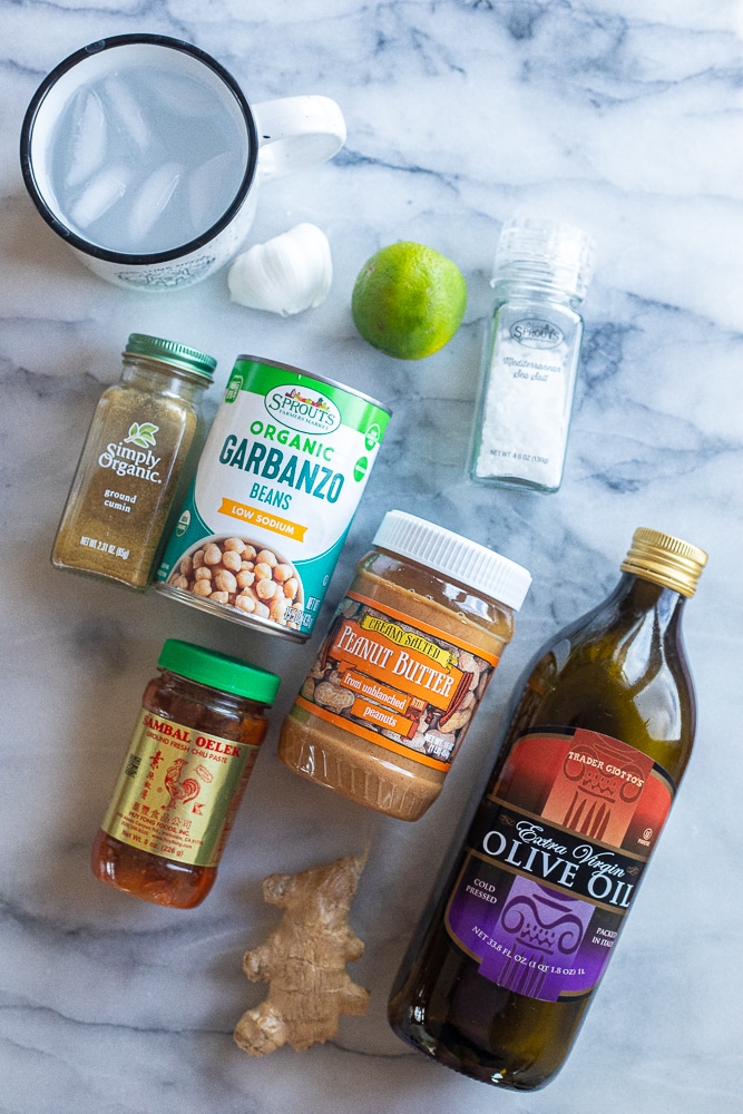 all ingredients needed to make the best peanut butter hummus recipe