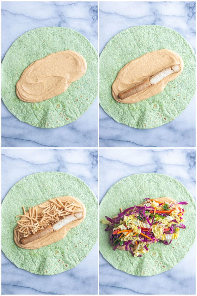 showing how to make the best hummus veggie wrap, step by step
