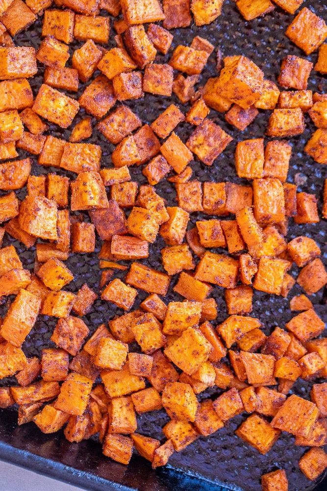 chipotle roasted sweet potato on a sheet pan