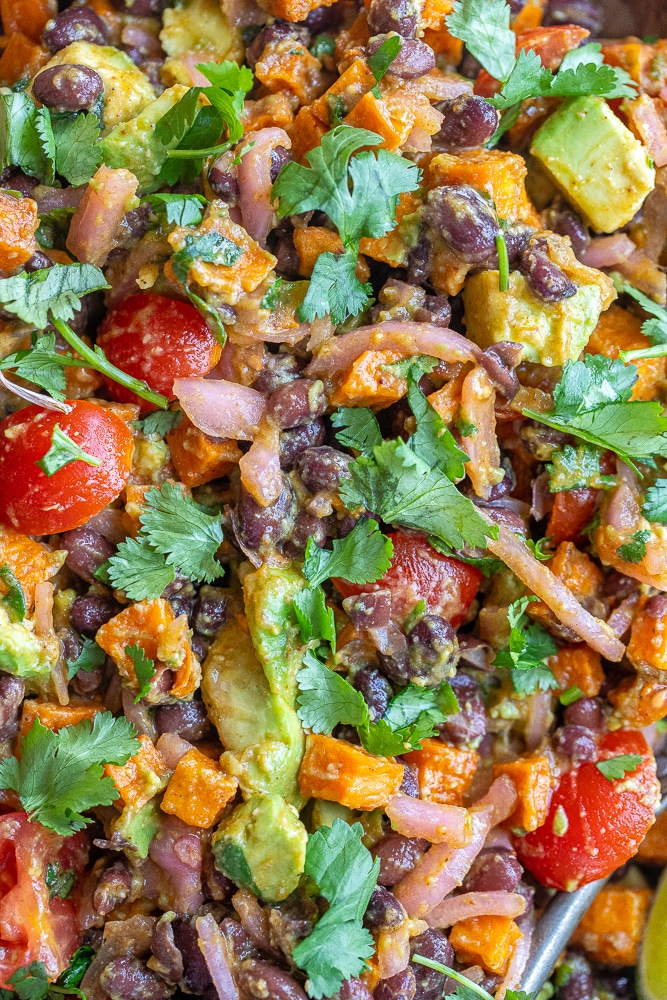 close up of chipotle roasted sweet potato salad with pickled onions