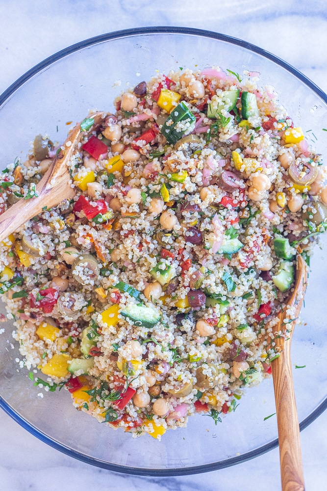 easy quinoa salad in a bowl mixed up