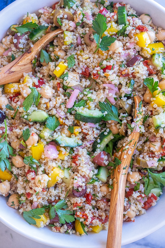 Close up of greek quinoa salad in a bowl