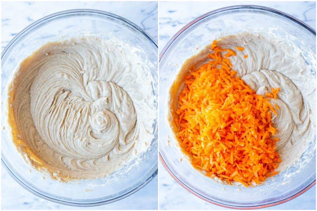 showing how to make carrot cake muffins with the batter and grated carrots