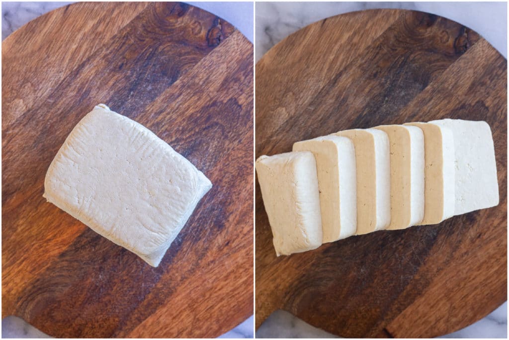 a block of tofu cut into 6 slices for the easy fried tofu recipe