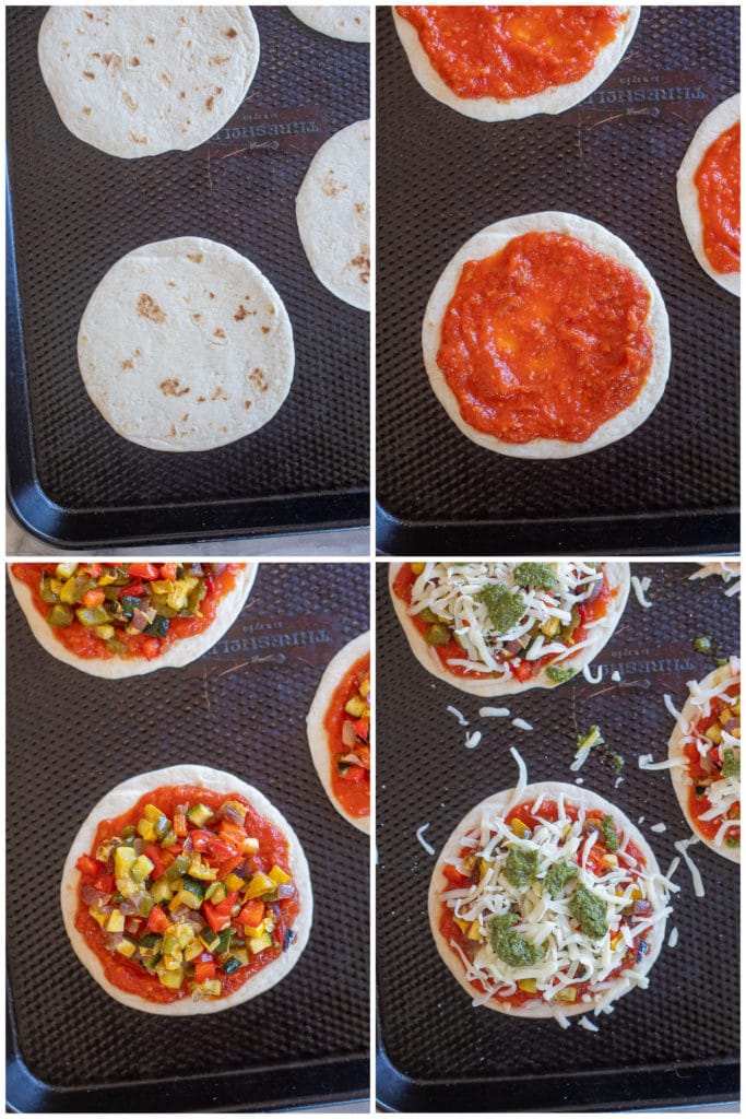 showing how to make mini tortilla pizzas step by step
