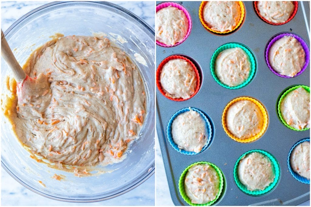 carrot cake batter in a bowl and muffin pan