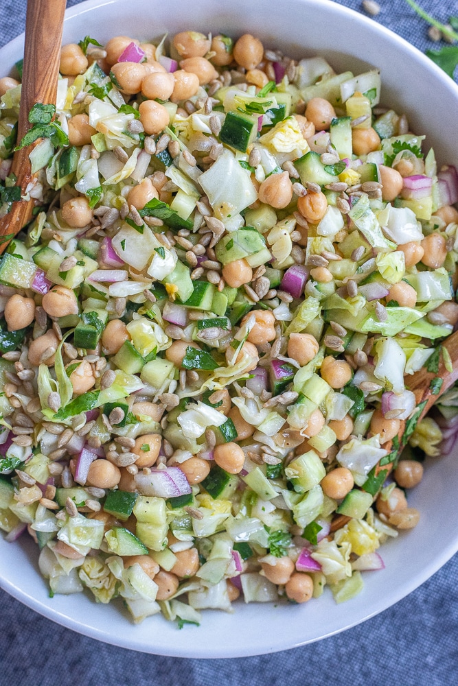 close up of vegan chickpea salad in a bowl