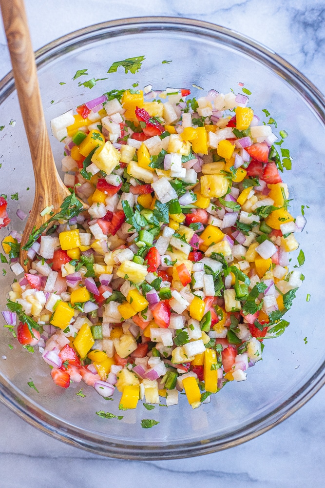 fruit salsa mixed up in a bowl
