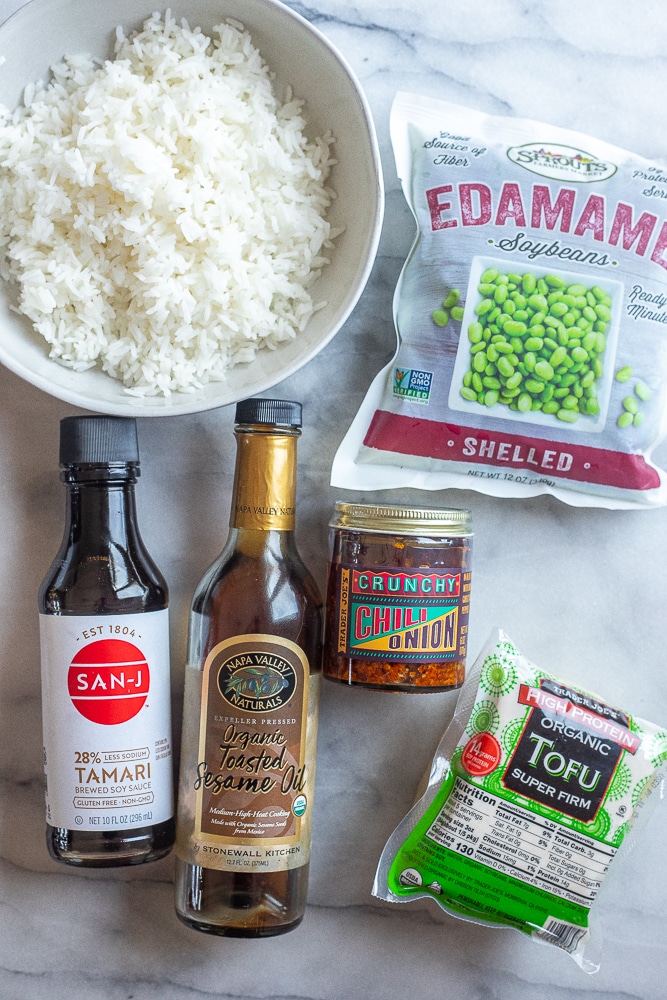 all the ingredients needed to make this spicy edamame stir fry with tofu recipe