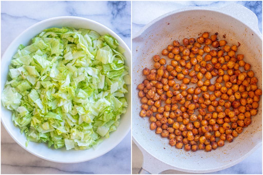 ingredients for grinder salad, iceberg lettuce and seasoned chickpeas