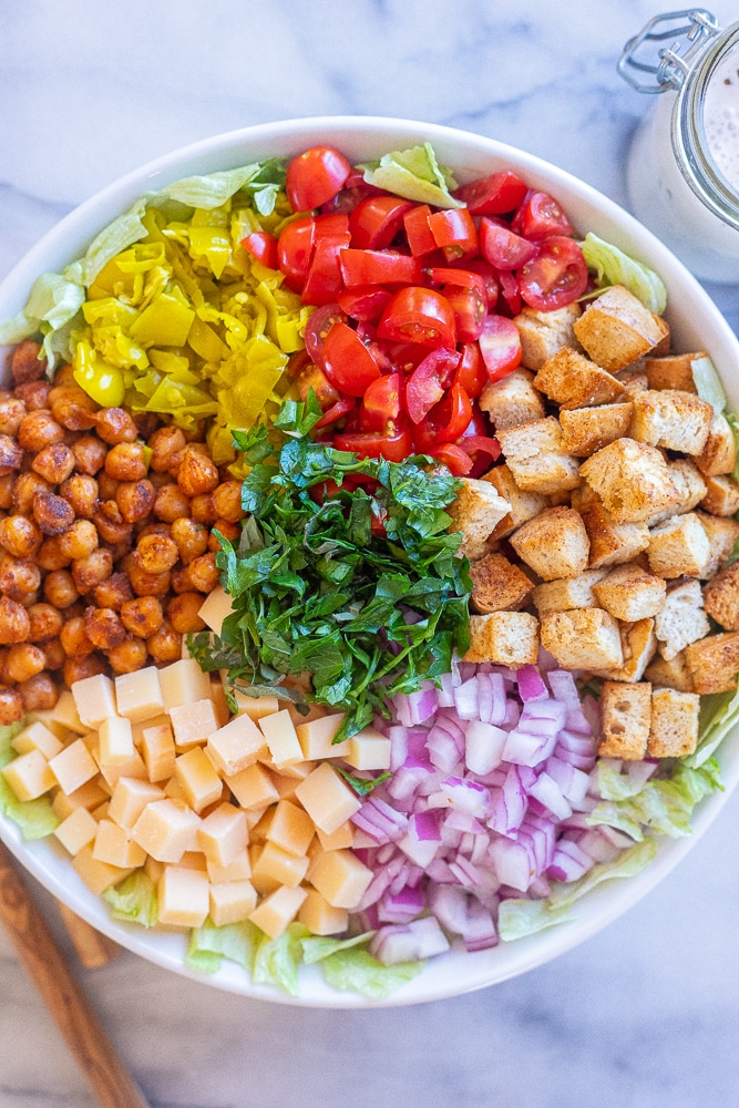 close up of the vegetarian grinder salad recipe in a bowl