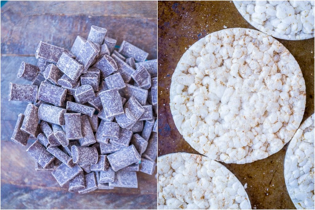 chocolate chips in a bowl and rice cakes on a sheet pan