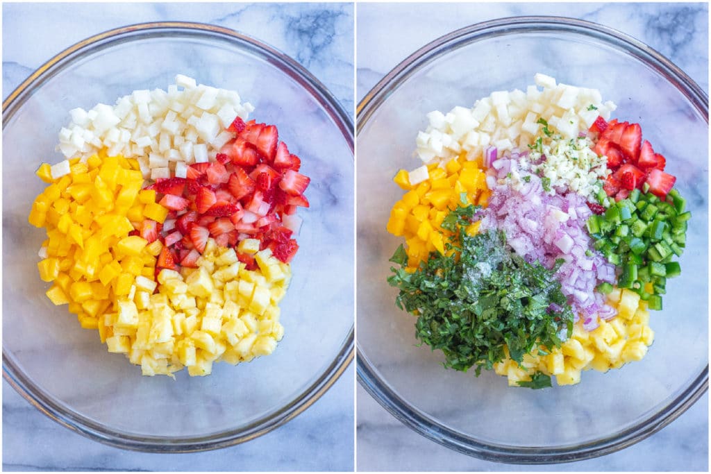 showing how to make fruit salsa with all the ingredients in a bowl