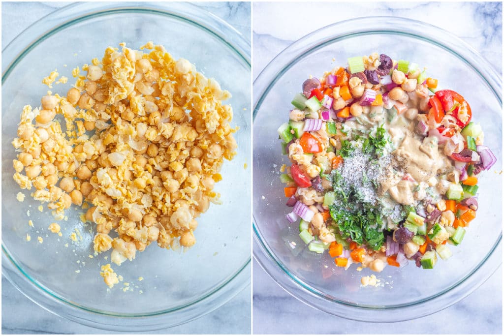 showing how to make lemon tahini chickpea salad with smashed chickpeas and vegetables
