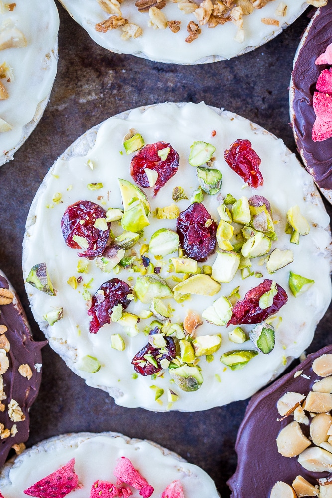 dried cranberry and pistachio chocolate covered rice cake