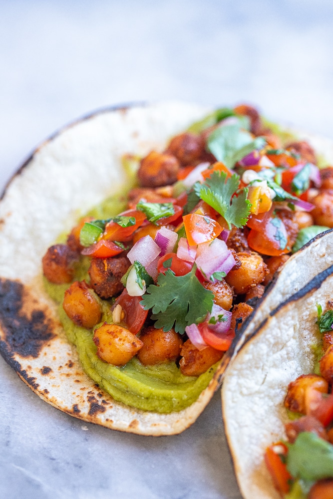 close up of a vegan taco with chickpeas
