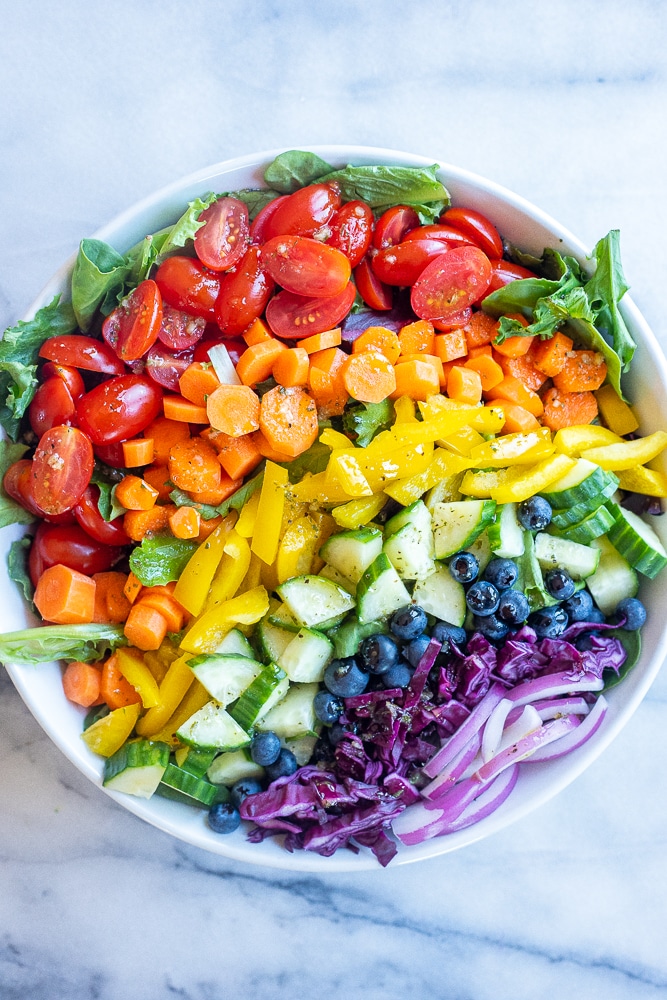 the best rainbow veggie salad recipe in a bowl