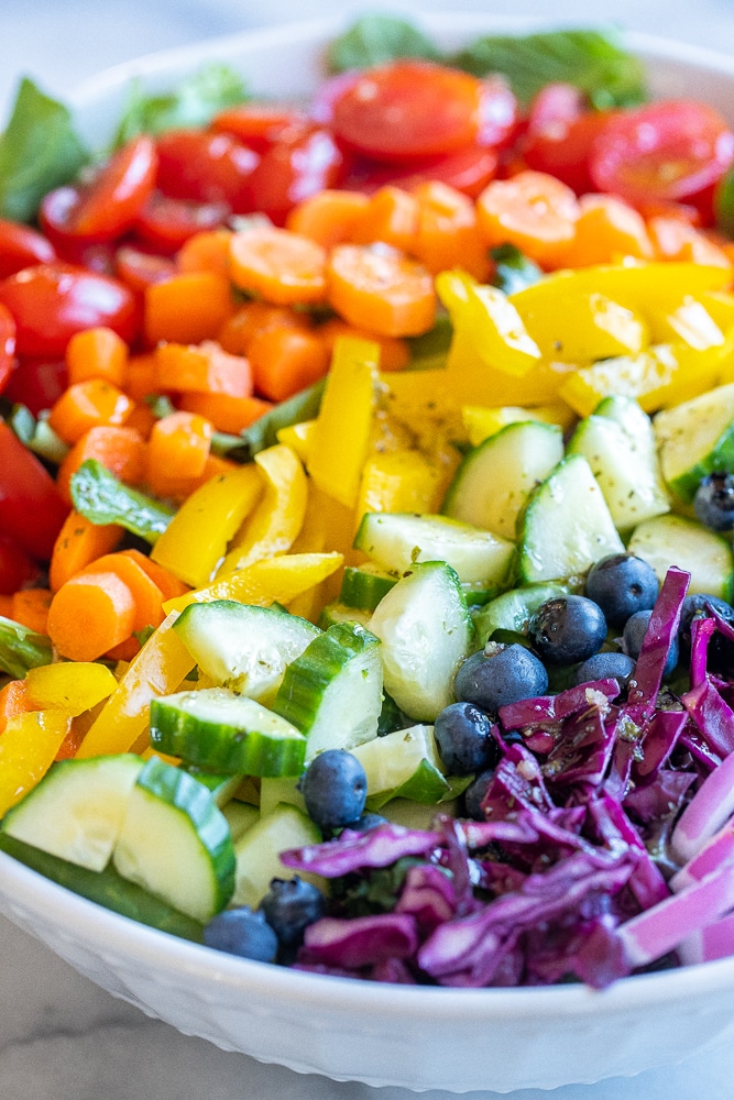 Close-up of this rainbow vegetable salad