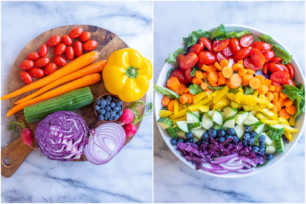 all the rainbow fruits and vegetables needed to make this rainbow veggie salad recipe