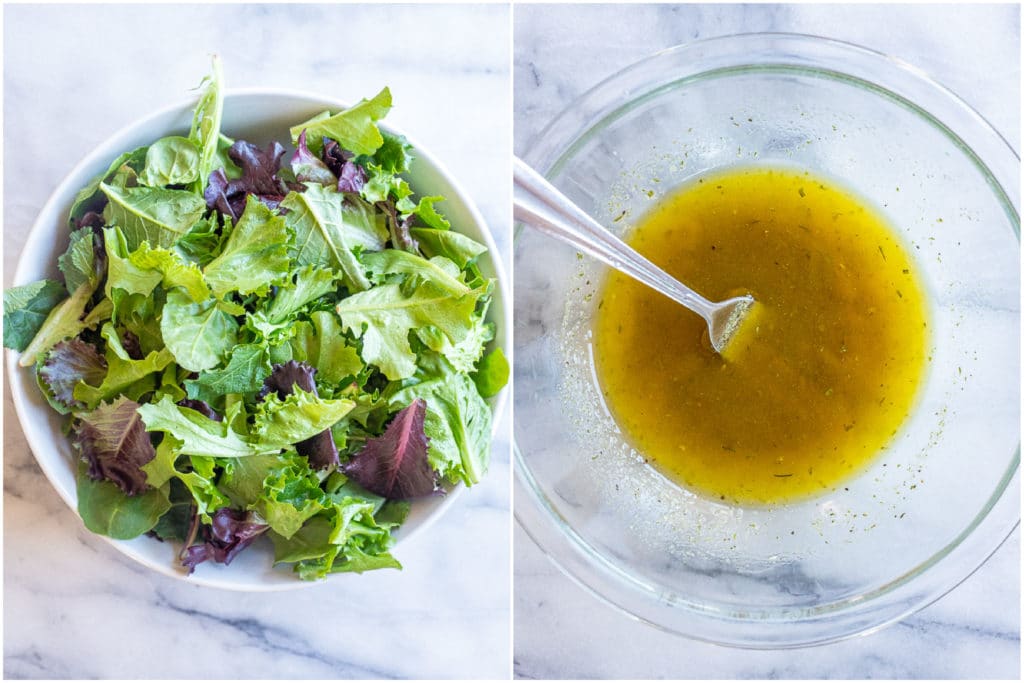 ingredients needed to make this veggie salad, greens and dressing