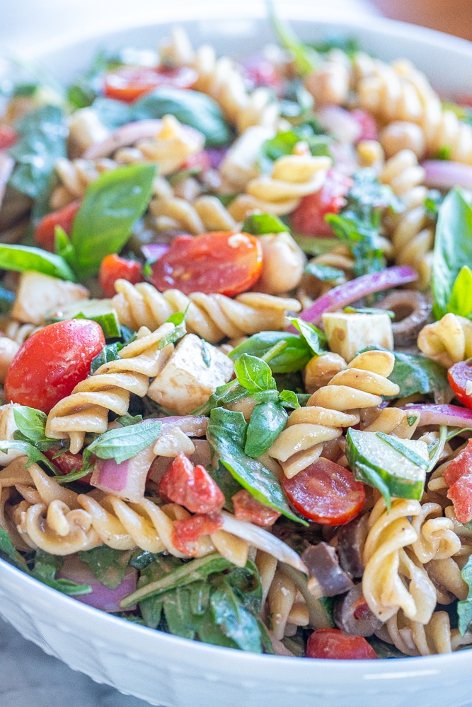 close up photo of tahini balsamic pasta salad