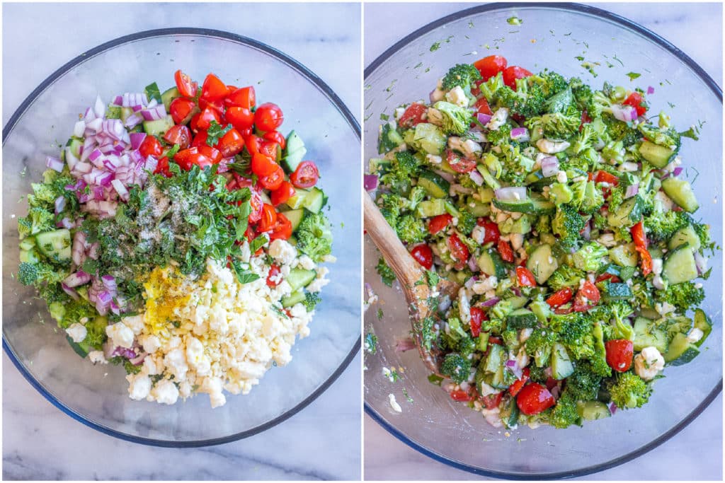 showing how to make broccoli salad with all the ingredients in a large bowl
