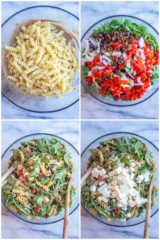 showing how to make the best balsamic pasta salad