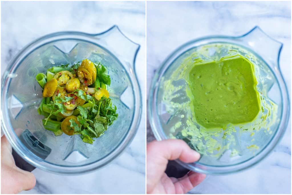 showing how to make the avocado sauce in the blender