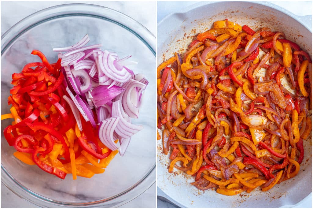 showing how to make fajita veggies with bell peppers and onion