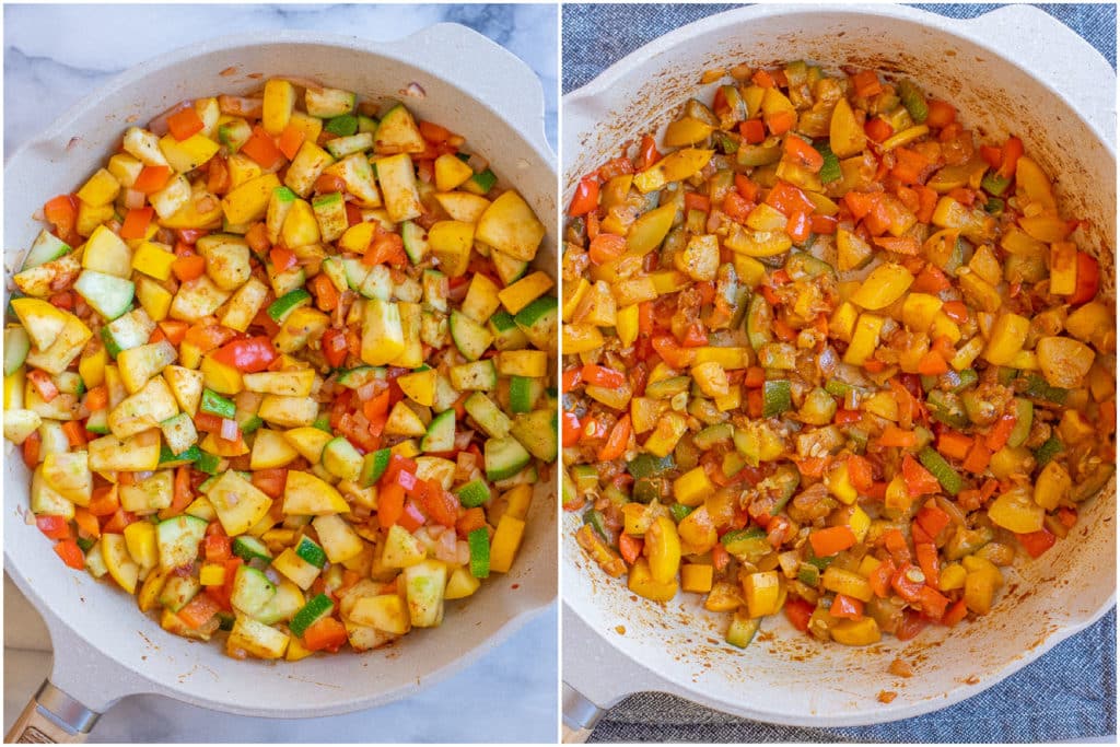 summer vegetables in a frying pan before and after being cooked