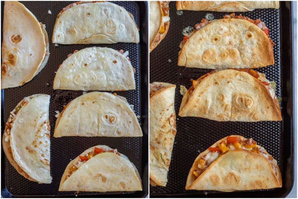 baked vegetarian tacos on a sheet pan baked until crispy and brown