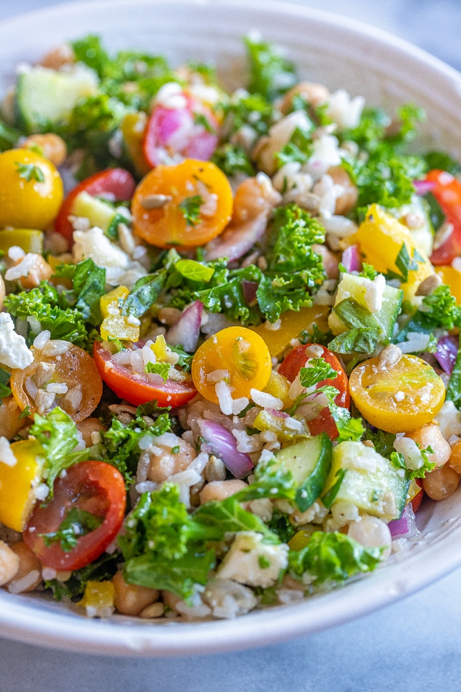 close up of the rice salad with chickpeas and kale