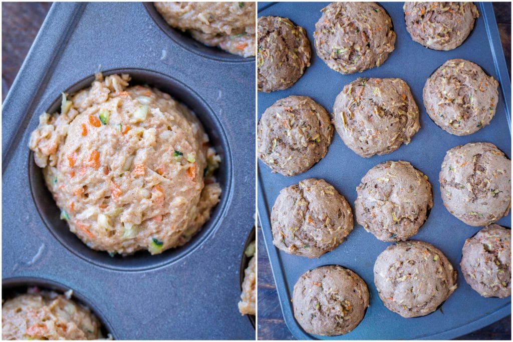 zucchini muffins before and after being baked