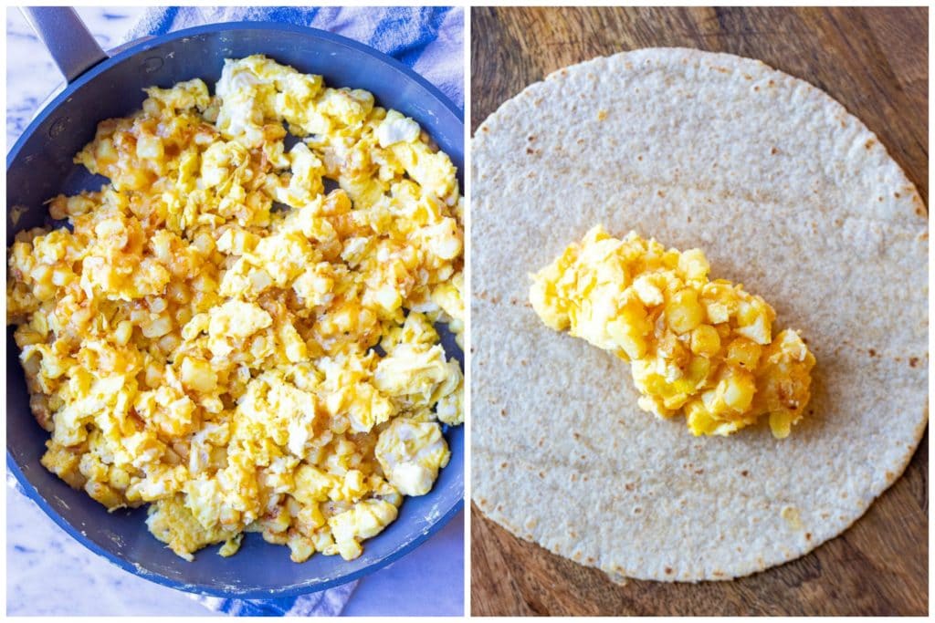 potato egg and cheese breakfast burrito filling in a pan and a tortilla
