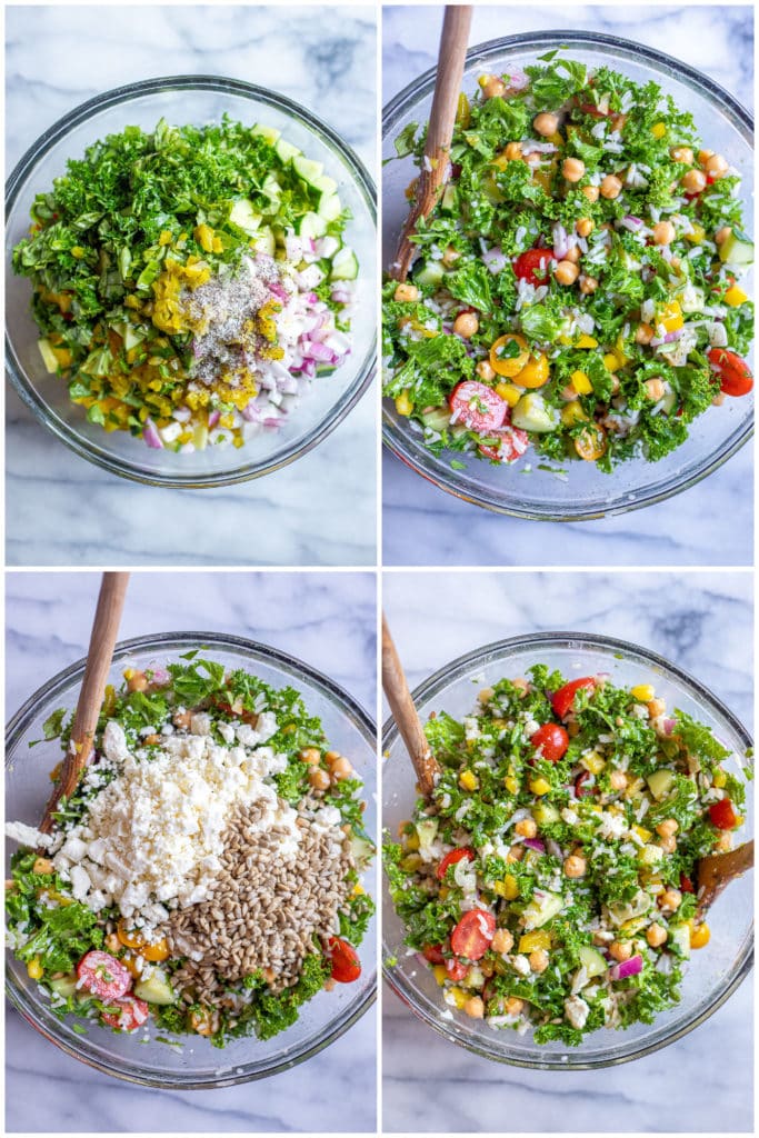 showing how to make this rice salad recipe with kale and chickpeas in a bowl