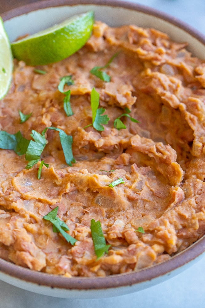 close up of refried beans in a bowl