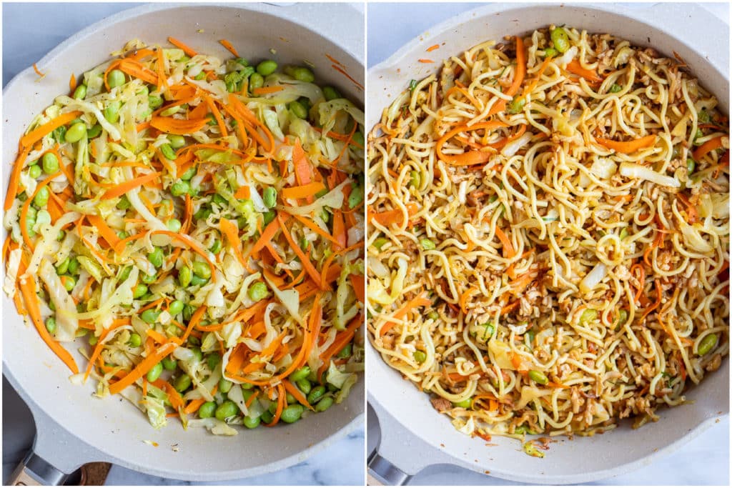stir fry veggies in a pan with added noodles