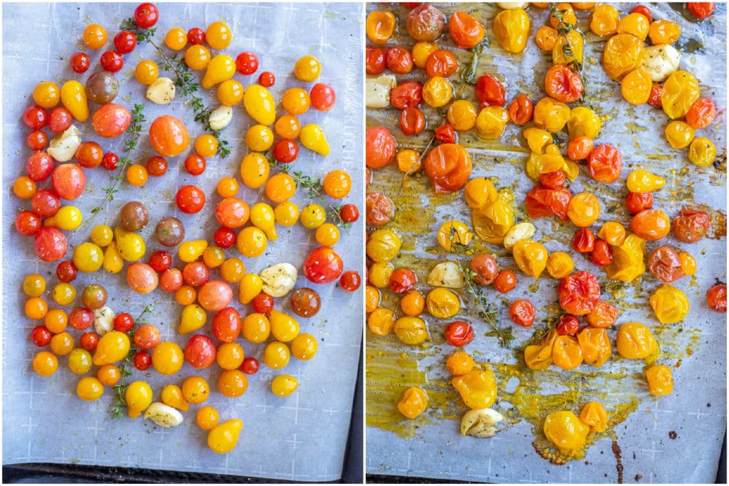 cherry tomatoes before and after being roasted in the oven