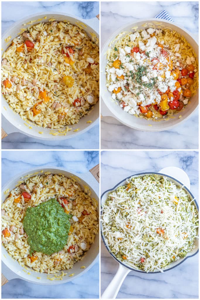 showing how to make pesto baked orzo with step by step photos