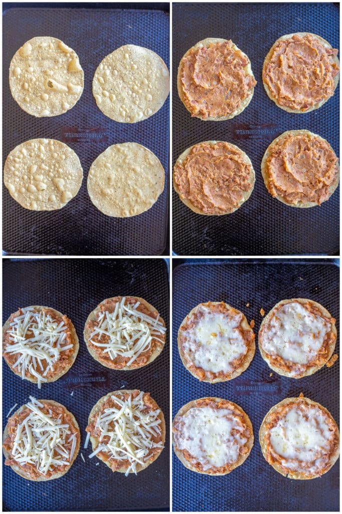 showing step by step how to make the best bean and cheese tostadas
