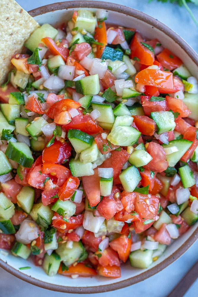 close up of cucumber pico de Gallo recipe