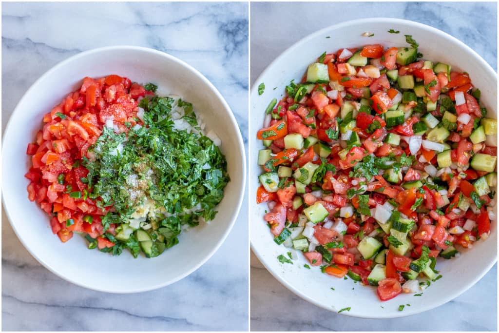 showing how to make cucumber salsa with all the ingredients in a bowl