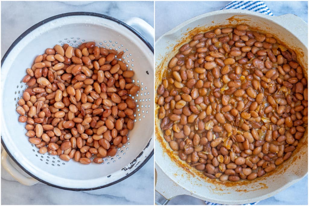 showing how to make easy homemade refried beans with canned beans