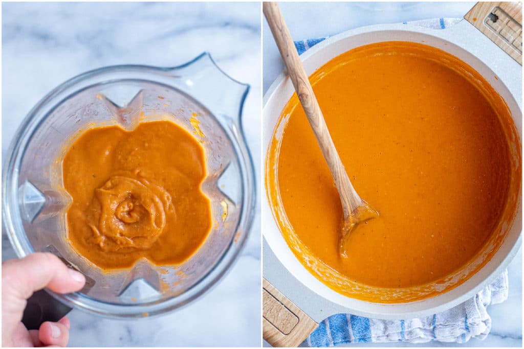 sheet pan tomato soup in a blender and a soup pot