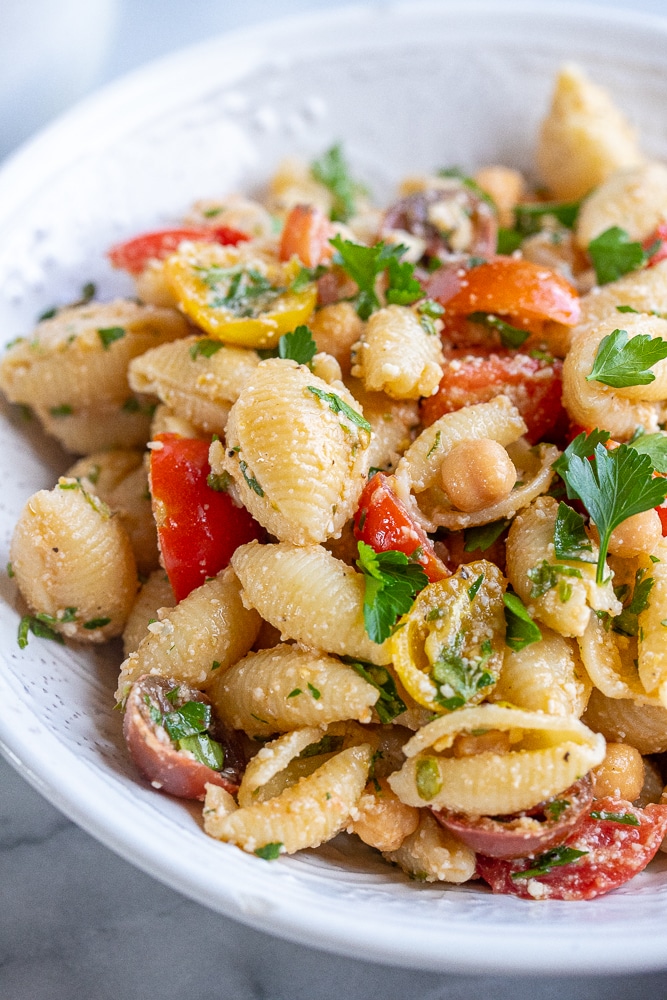 close up of herby parmesan pasta salad