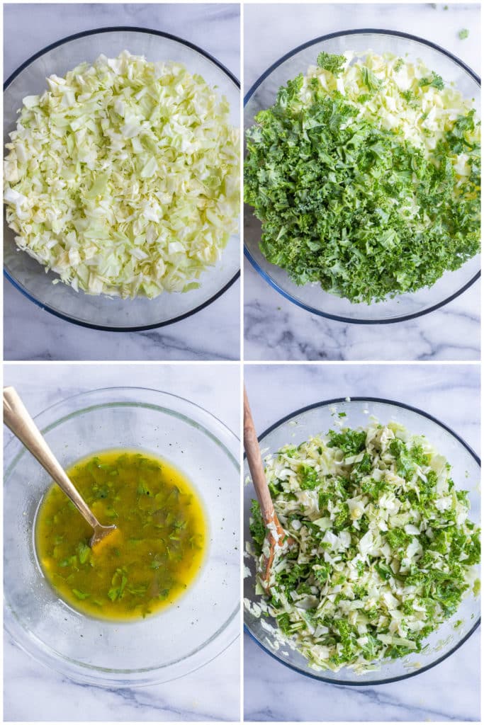 showing how to make this chopped cabbage and kale salad