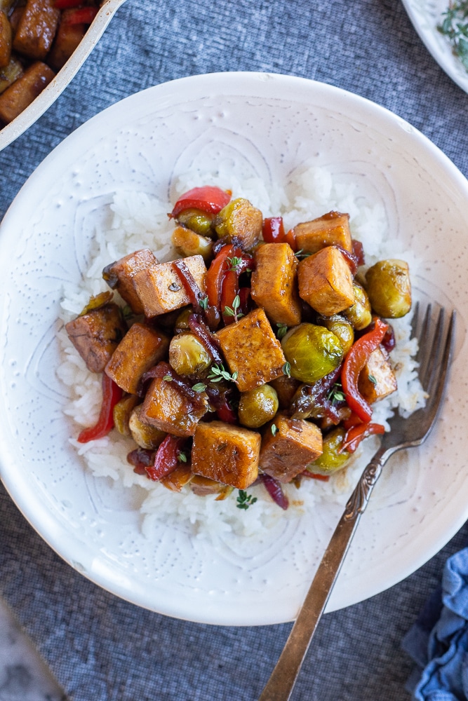 bowl of balsamic tofu over rice