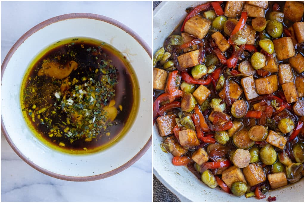 balsamic sauce in a bowl and in the balsamic tofu stir fry